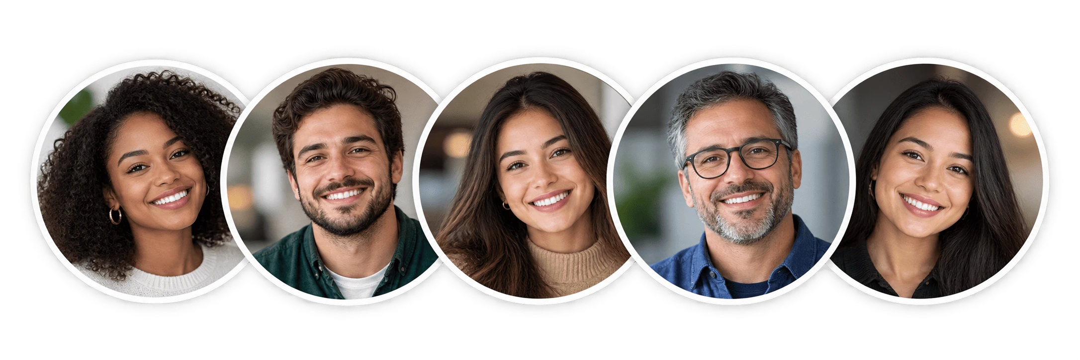 Grupo de cinco pessoas em retratos circulares